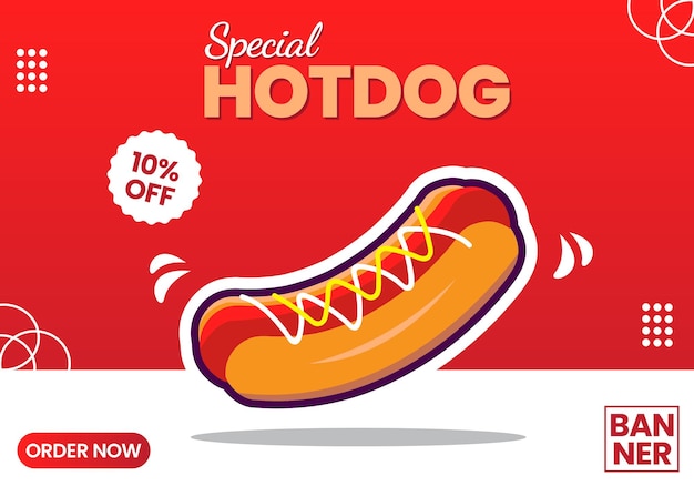Plantilla de banner de promoción de hot dog premium de vector y redes sociales