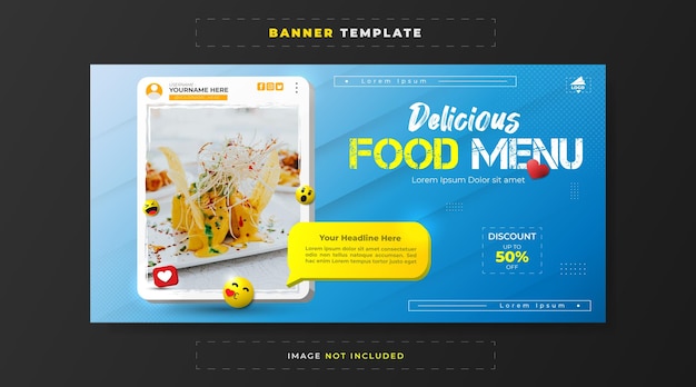 Vector plantilla de banner de promoción de menú de comida deliciosa con forma 3d