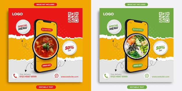 Vector plantilla de banner de promoción de publicaciones de redes sociales de instagram de comida