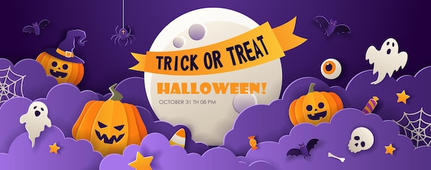 Plantilla de banner de promoción de venta de feliz Halloween con calabazas, murciélagos y fantasmas sobre fondo violeta. Fondo de estilo de corte de papel con lugar para texto. Ilustración vectorial