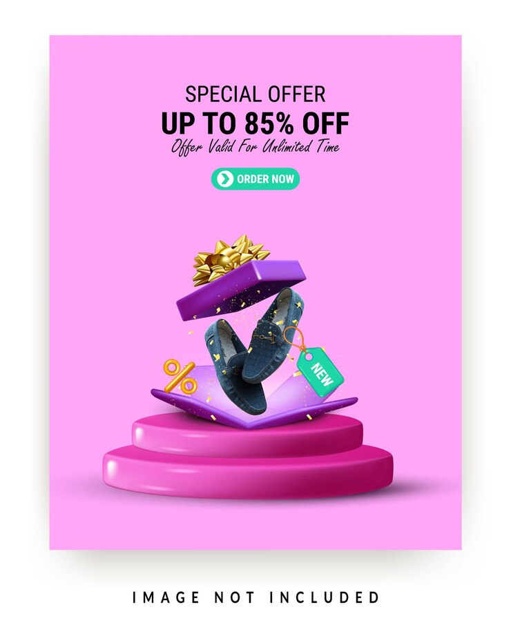 Plantilla de banner de promoción de zapatos con ilustración de caja de regalo abierta en el podio