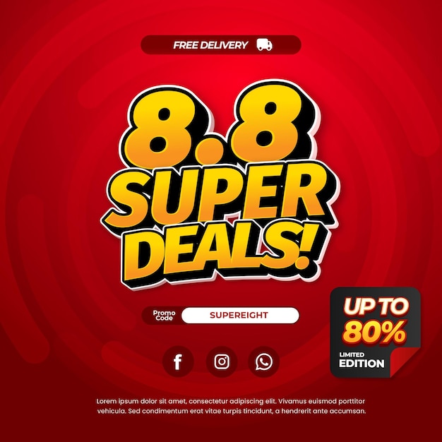 Plantilla de banner promocional 88 ofertas de súper venta texto editable Efecto cómic con gradiente rojo radial