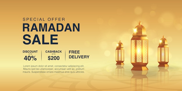 Plantilla de banner promocional de ramadan kareem decorado con linterna árabe realista y fondo de oro. venta especial de eid mubarak islámico