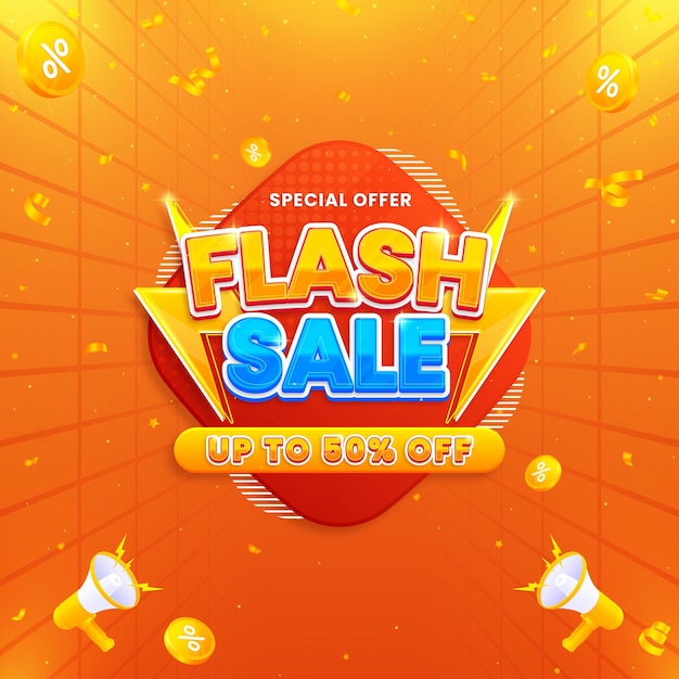 Plantilla de banner promocional de venta flash realista con descuento aislado en un fondo abstracto