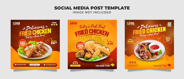 Plantilla de banner y publicación de feed de instagram para redes sociales de pollo con queso delicioso