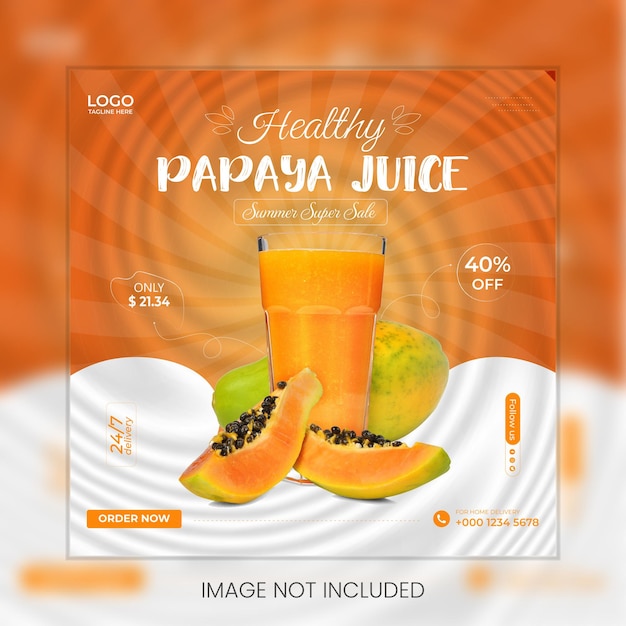 Vector plantilla de banner de publicación de instagram de comida de redes sociales de delicioso jugo de papaya