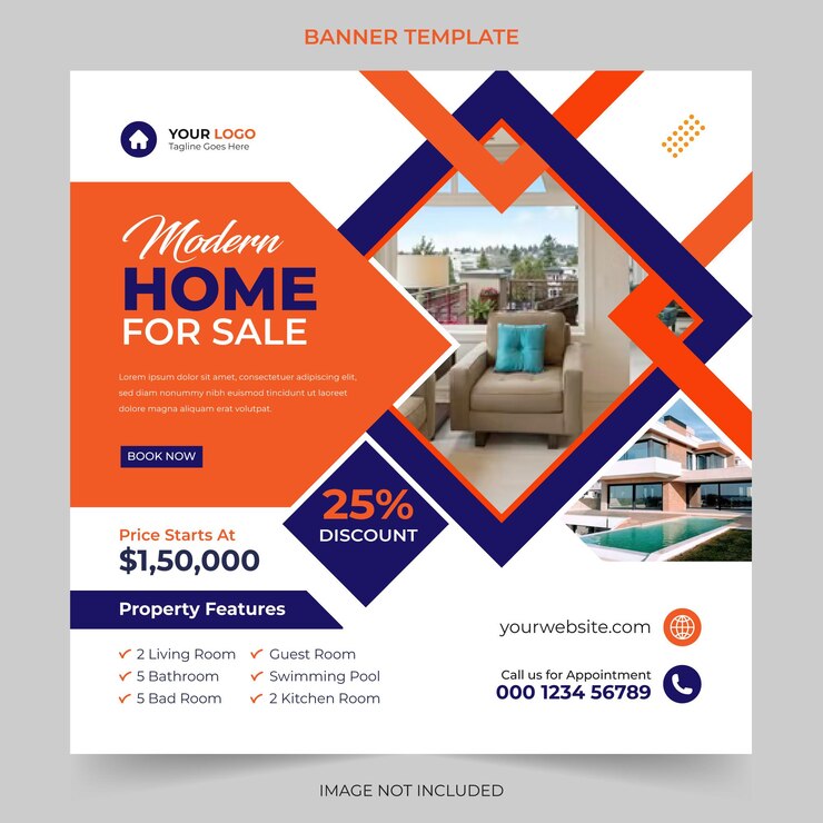 Plantilla de banner de publicación de instagram o redes sociales inmobiliarias editables de moda