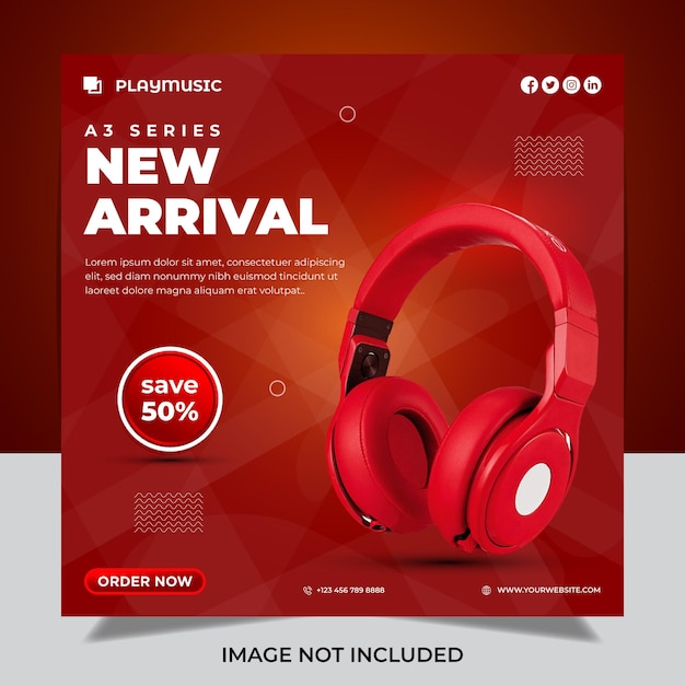 Plantilla de banner de publicación de instagram o redes sociales de producto de marca de auriculares de color rojo