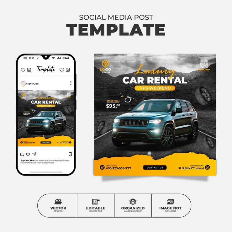 Vector plantilla de banner y publicación de instagram para redes sociales de alquiler de autos de lujo para promoción