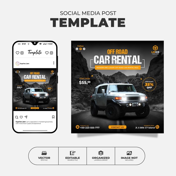 Vector plantilla de banner y publicación de instagram para redes sociales de alquiler de autos todoterreno para promoción