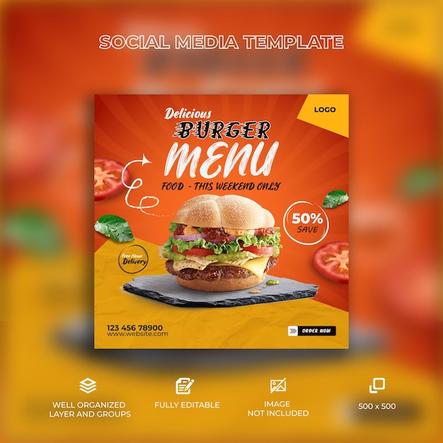 Plantilla de banner de publicación de instagram de redes sociales de hamburguesa de comida deliciosa