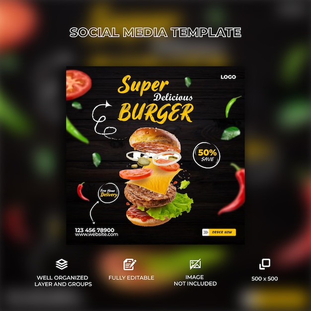 Plantilla de banner de publicación de instagram de redes sociales de hamburguesa de comida deliciosa