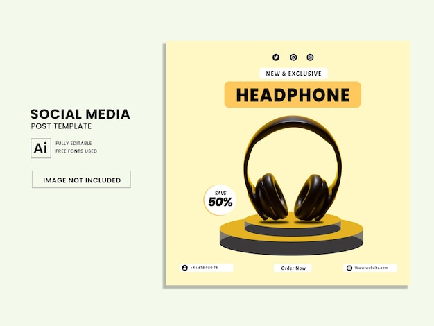 Plantilla de banner de publicación de redes sociales cuadrada de auriculares vector premium