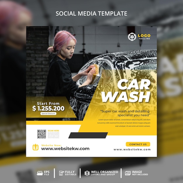 Vector plantilla de banner de publicación de redes sociales de lavado de autos y detalles para promoción