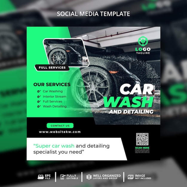 Plantilla de banner de publicación de redes sociales de lavado de autos y detalles para promoción