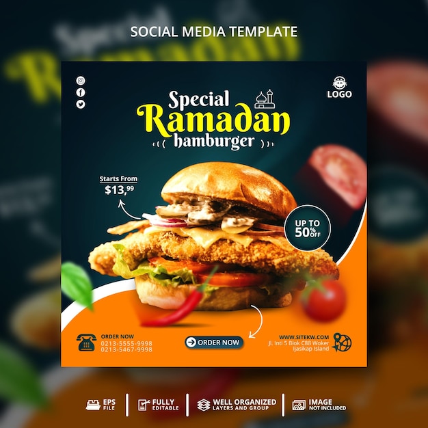 Plantilla de banner de publicación de redes sociales de menú de comida y hamburguesas de Ramadán