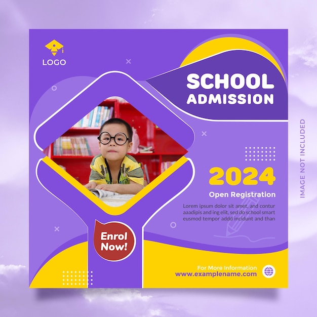 Plantilla de banner y publicación de redes sociales promocionales de admisión de educación escolar con color amarillo azul