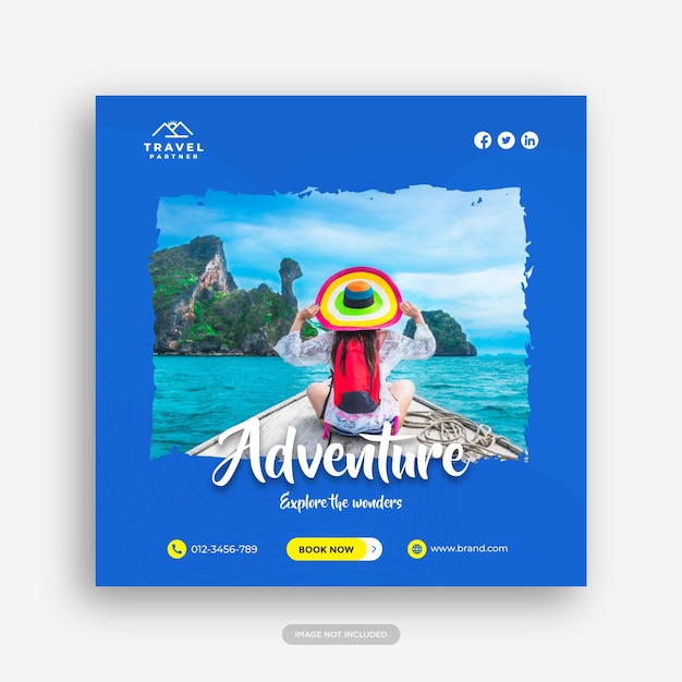 Plantilla de banner de publicación de redes sociales de viaje para folleto de vacaciones de viaje de vacaciones vector premium