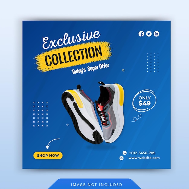 Plantilla de banner de publicación de redes sociales de zapatos deportivos de color azul vector premium