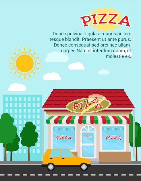 Plantilla de banner de publicidad de pizza con edificio de la tienda