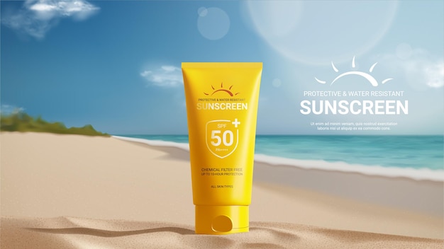 Plantilla de banner publicitario de protector solar Banner con tubo de protector solar en la arena de la playa con orilla de mar soleada en ba