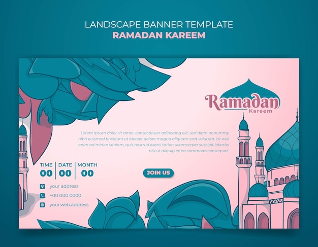 Vector plantilla de banner de ramadan kareem con hojas y mezquita en diseño dibujado a mano