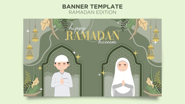 Plantilla de banner de Ramadán Mubarak de diseño plano dibujado a mano