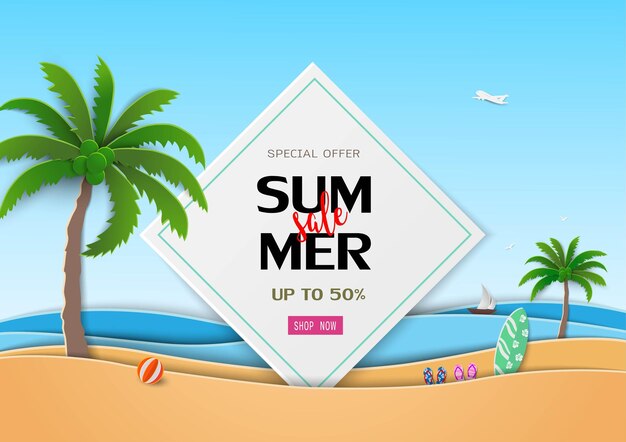 Plantilla de banner de rebajas de verano con playa tropical en arte de papel