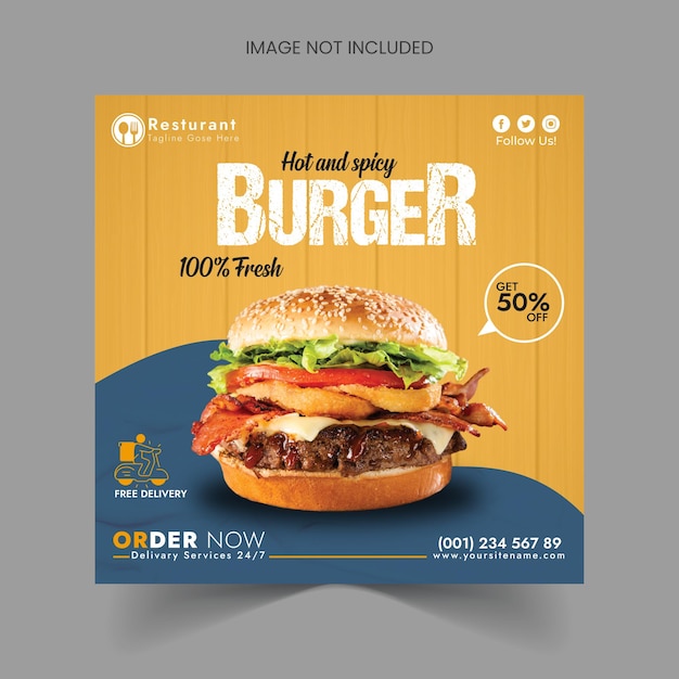 Una plantilla de banner de redes sociales con un delicioso menú de hamburguesas y comida