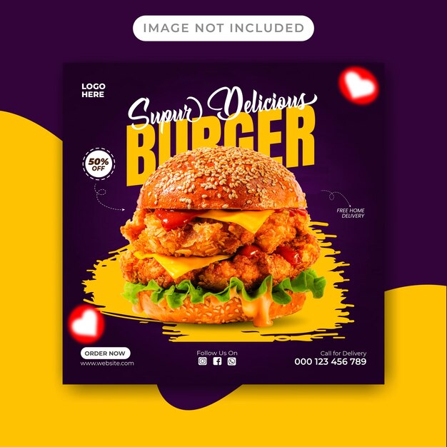 Plantilla de banner de redes sociales de menú de comida y hamburguesas deliciosas