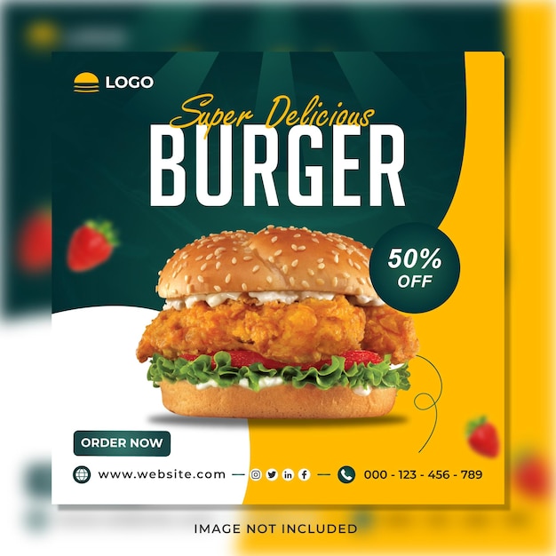 Plantilla de banner de redes sociales de promoción de menú de comida de hamburguesa deliciosa