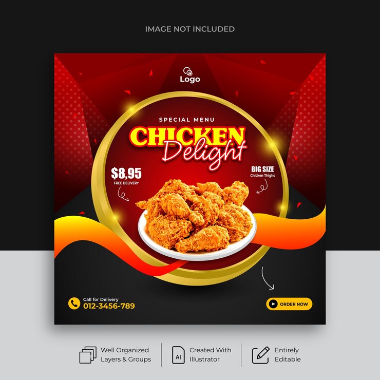 plantilla de banner de redes sociales de promoción de menú de delicias de pollo