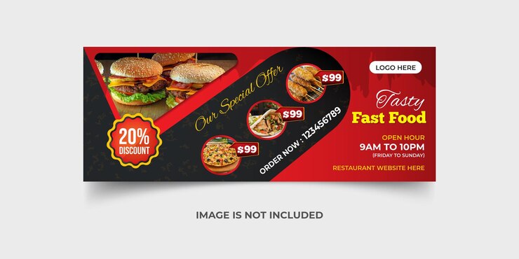Plantilla de banner de redes sociales de publicación de Facebook deliciosa comida rápida sabrosa