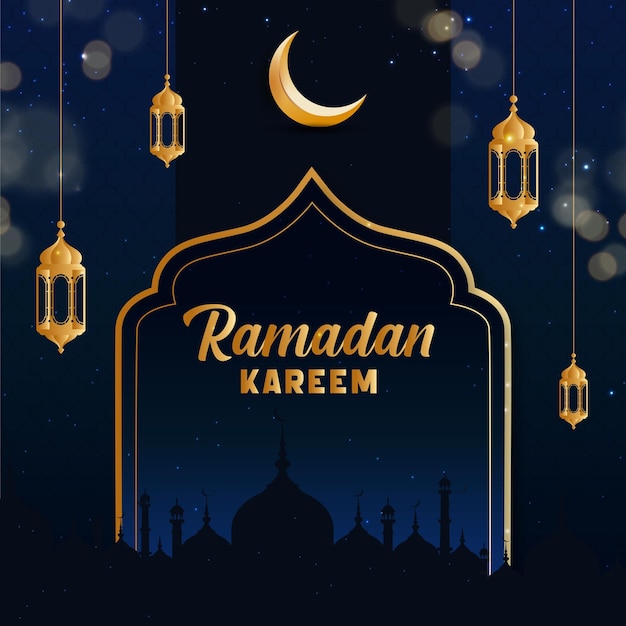 plantilla de banner de redes sociales ramadan kareem con linternas islámicas y de media luna