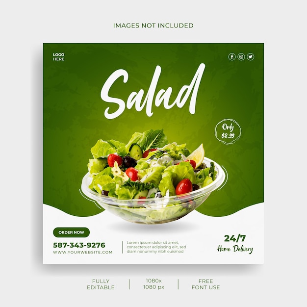 Plantilla de banner de redes sociales de restaurante de menú de comida y ensalada de verduras frescas vector premium