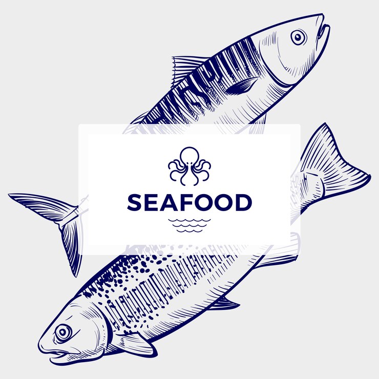 Vector plantilla de banner de restaurante o cafetería de mariscos con pescado grabado dibujado a mano
