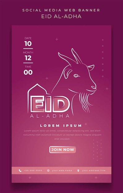 Plantilla de banner de retrato con dibujo lineal de tipografía de cabra y eid para el diseño de vacaciones de eid al adha