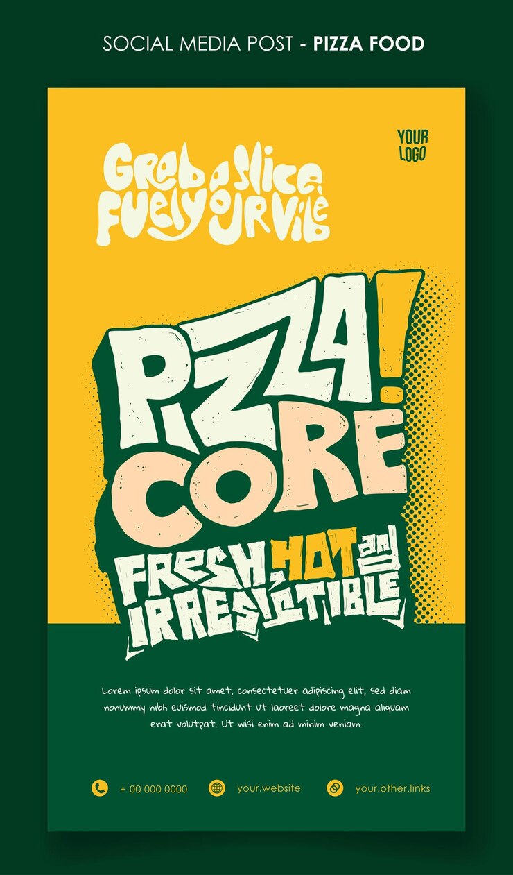Vector plantilla de banner de retrato en fondo verde y amarillo con diseño tipográfico para comida callejera de pizza