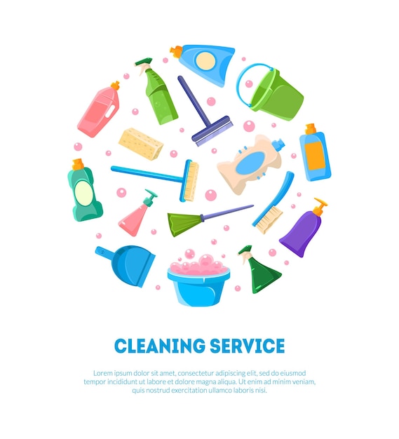 Plantilla de Banner de Servicio de Limpieza Varias herramientas de limpieza y detergentes Productos en forma circular Ilustración vectorial Diseño web