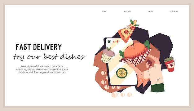 Plantilla de banner de sitio web para comida rápida para llevar e ilustración vectorial para llevar