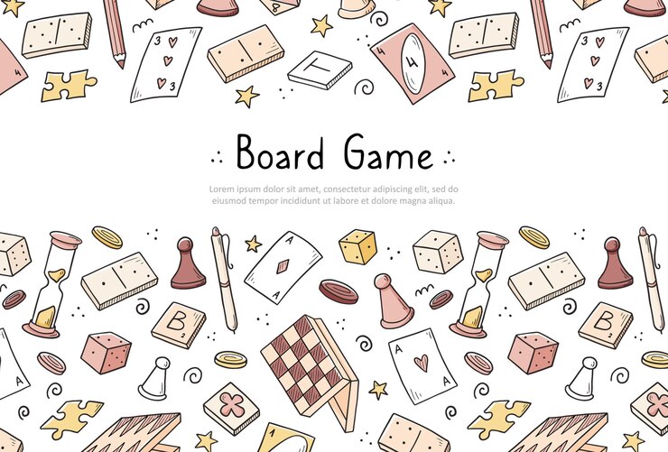 Plantilla de banner de sitio web dibujado a mano con elemento de juego de mesa. Estilo de dibujo Doodle.