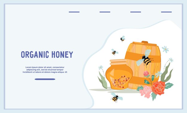 Plantilla de banner de sitio web de miel orgánica con barril y tarro de ilustración de vector plano de miel