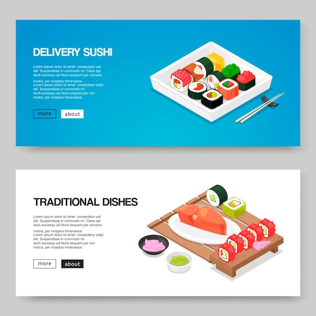 Plantilla de banner de sushi y comida asiática. Comida asiática japonesa para pedidos en línea. Rollos, sushi futomaki, atún y wasabi en platos chinos tradicionales con palos.