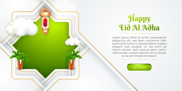 Plantilla de banner de tarjeta de felicitación feliz eid al adha con fondo islámico de nube 3d