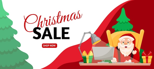 Plantilla de banner de temporada de venta de navidad. dibujos animados de santa sentado comprando regalos online