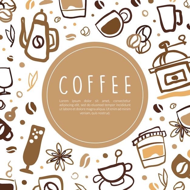 plantilla de banner con texto cafetería cafetería cartel con bebidas aromáticas patrón sin costuras ilustración vectorial