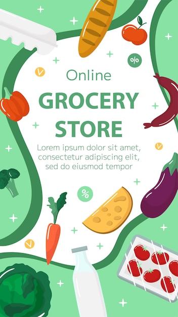 plantilla de banner de tienda de comestibles en línea vectorial Productos frescos en fondo verde
