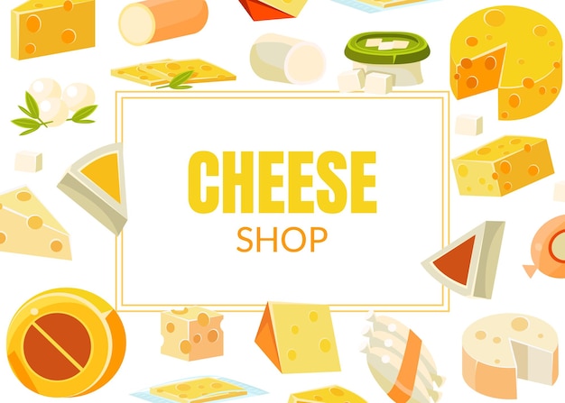 Vector plantilla de banner de la tienda de queso productos lácteos naturales que anuncian diferentes tipos de queso ilustración vectorial diseño web