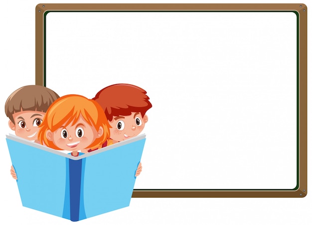 Plantilla de banner con tres niños leyendo un libro grande