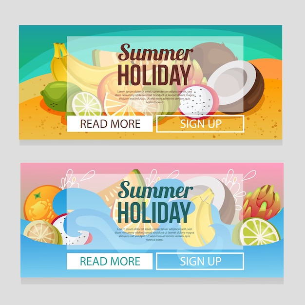 Plantilla de banner de vacaciones de verano colorido con frutas exóticas